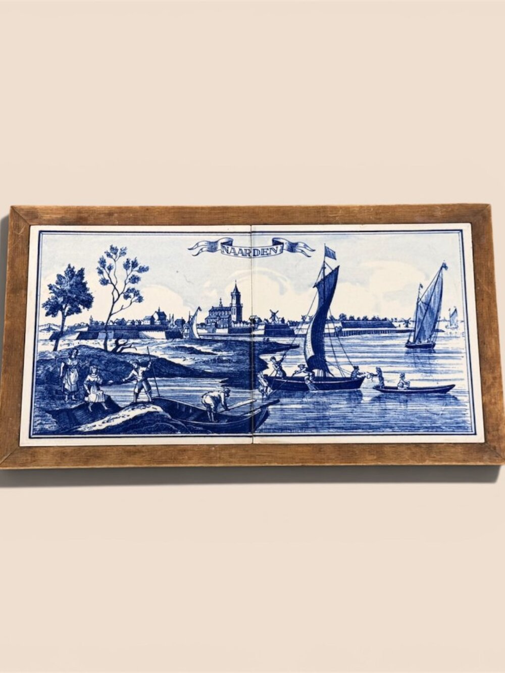 Vintage Dutch Delft Blue Tile Tableau Naarden Harbor Scene - Made in Holland